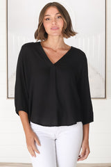 Brenda Top - V Neck 3/4 Sleeve with Button Cuff High-Low Hem Top in Black