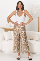 Colbie Pants - Crop Wide Leg Pants with Pockets in Aria Print Tan