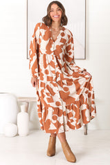 Avery Midi Dress - Relaxed Button Down Tiered Dress with Balloon Sleeves in Zaire Rust