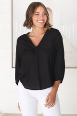 Brenda Top - V Neck 3/4 Sleeve with Button Cuff High-Low Hem Top in Black