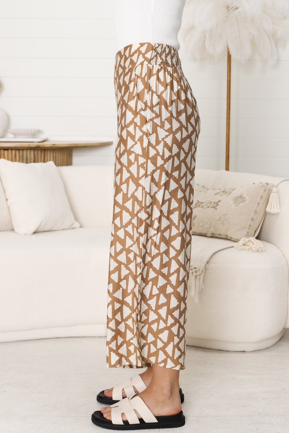 Colbie Pants - Crop Wide Leg Pants with Pockets in Aria Print Tan