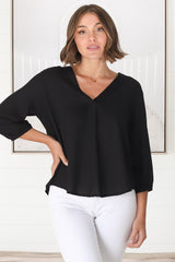 Brenda Top - V Neck 3/4 Sleeve with Button Cuff High-Low Hem Top in Black