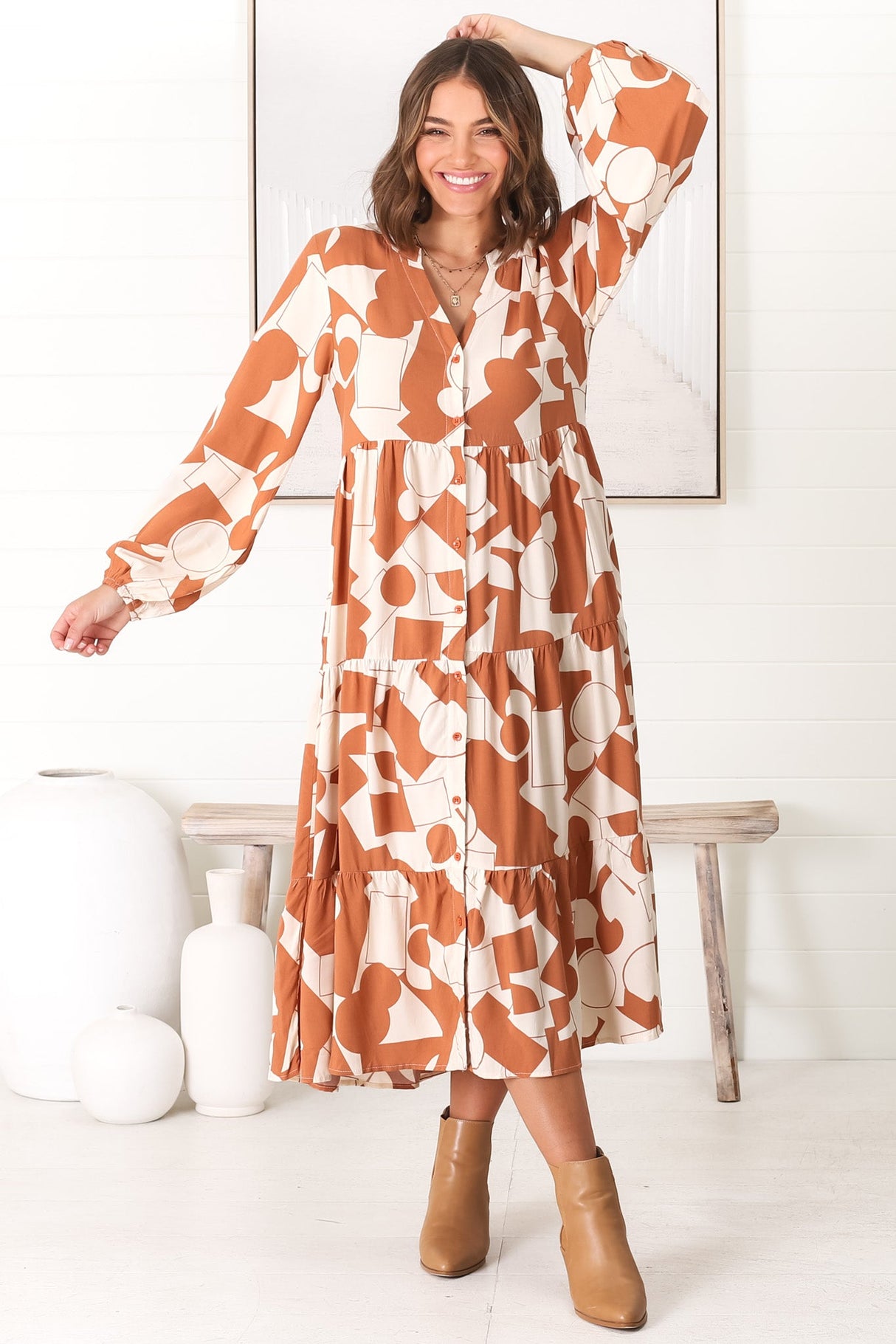 Avery Midi Dress - Relaxed Button Down Tiered Dress with Balloon Sleeves in Zaire Rust