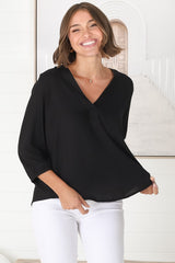 Brenda Top - V Neck 3/4 Sleeve with Button Cuff High-Low Hem Top in Black