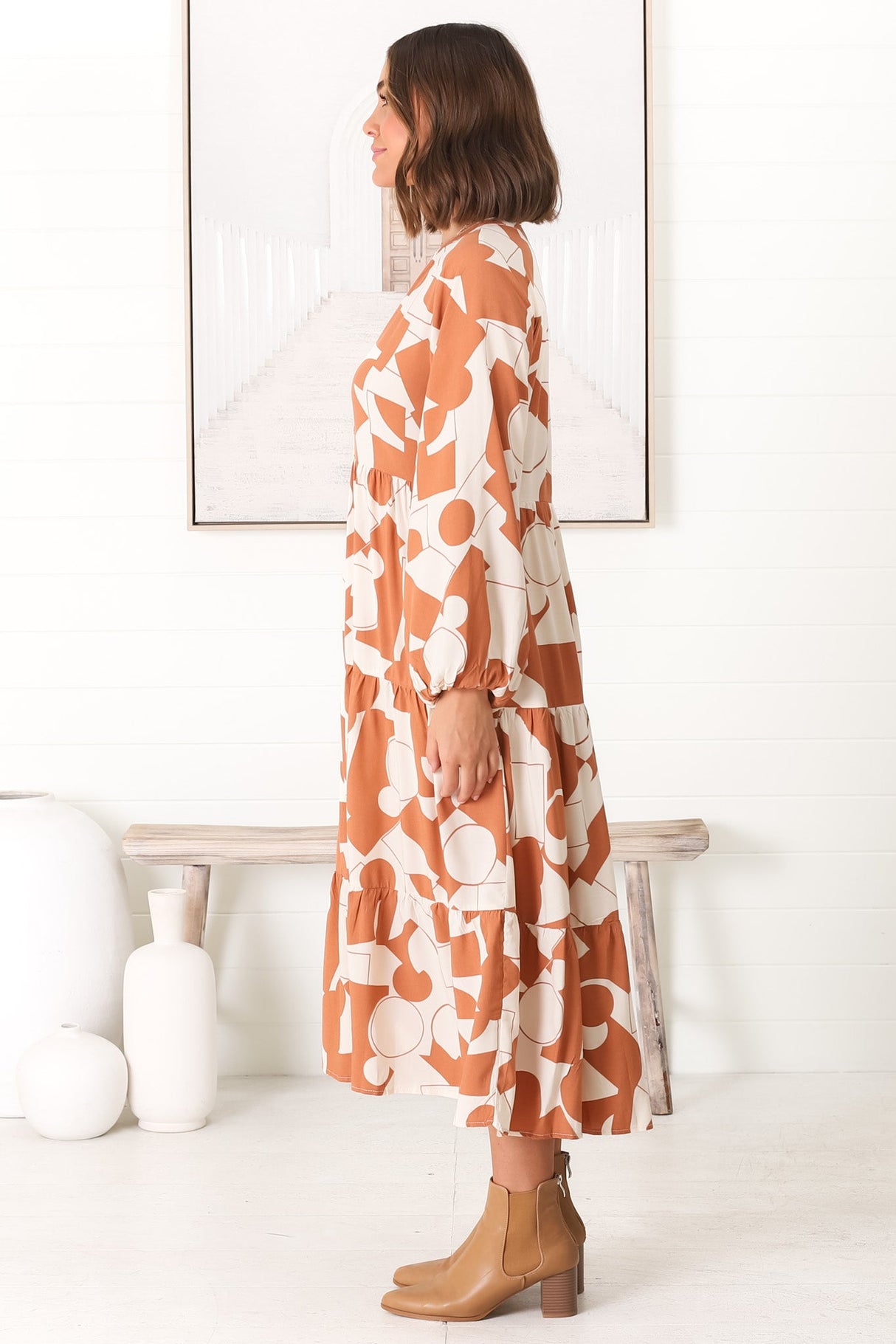 Avery Midi Dress - Relaxed Button Down Tiered Dress with Balloon Sleeves in Zaire Rust