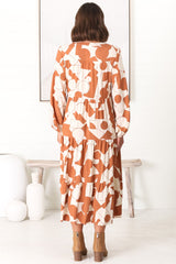 Avery Midi Dress - Relaxed Button Down Tiered Dress with Balloon Sleeves in Zaire Rust