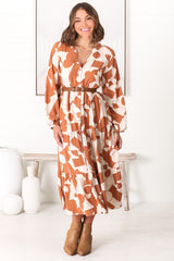 Avery Midi Dress - Relaxed Button Down Tiered Dress with Balloon Sleeves in Zaire Rust