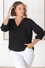 Brenda Top - V Neck 3/4 Sleeve with Button Cuff High-Low Hem Top in Black