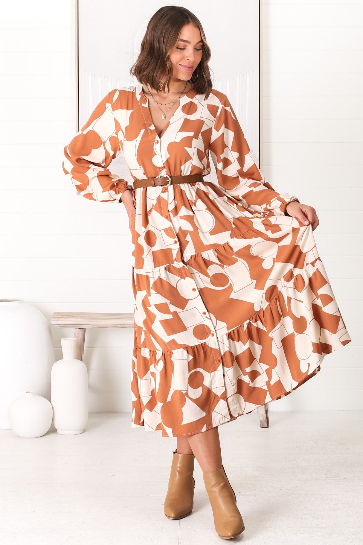 Avery Midi Dress - Relaxed Button Down Tiered Dress with Balloon Sleeves in Zaire Rust