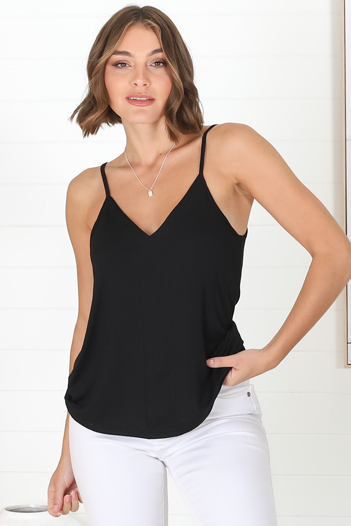 Venus Cami - Long V Neck Adjustable Strap Cami in Black