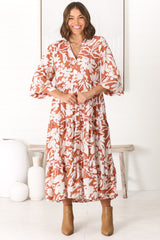 Avery Midi Dress - Relaxed Button Down Tiered Dress with Balloon Sleeves in Charis Rust