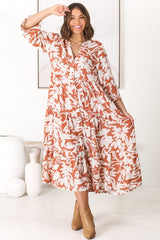 Avery Midi Dress - Relaxed Button Down Tiered Dress with Balloon Sleeves in Charis Rust