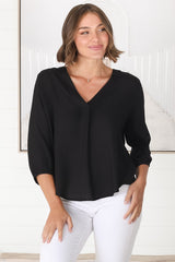 Brenda Top - V Neck 3/4 Sleeve with Button Cuff High-Low Hem Top in Black