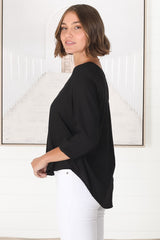 Brenda Top - V Neck 3/4 Sleeve with Button Cuff High-Low Hem Top in Black