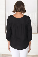 Brenda Top - V Neck 3/4 Sleeve with Button Cuff High-Low Hem Top in Black