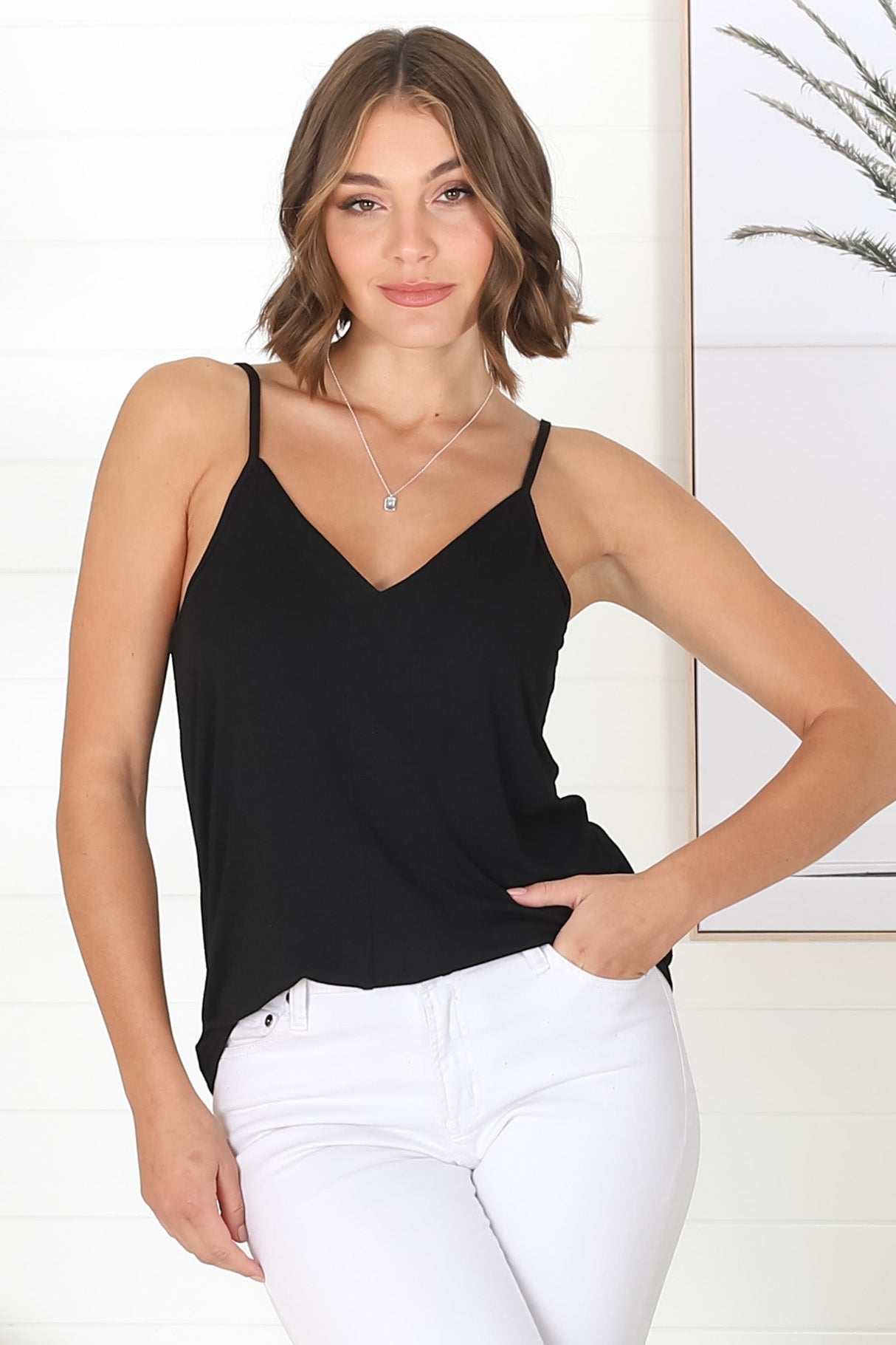 Venus Cami - Long V Neck Adjustable Strap Cami in Black