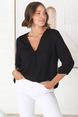 Brenda Top - V Neck 3/4 Sleeve with Button Cuff High-Low Hem Top in Black