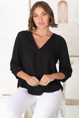 Brenda Top - V Neck 3/4 Sleeve with Button Cuff High-Low Hem Top in Black