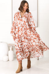 Avery Midi Dress - Relaxed Button Down Tiered Dress with Balloon Sleeves in Charis Rust