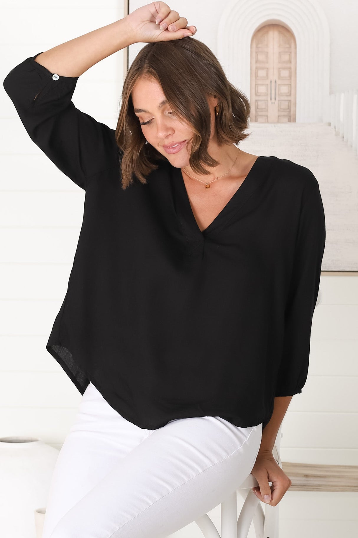 Brenda Top - V Neck 3/4 Sleeve with Button Cuff High-Low Hem Top in Black