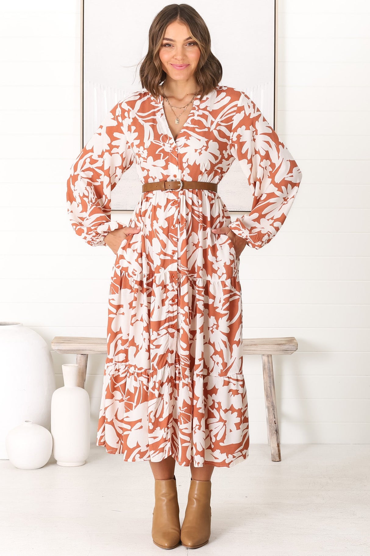 Avery Midi Dress - Relaxed Button Down Tiered Dress with Balloon Sleeves in Charis Rust