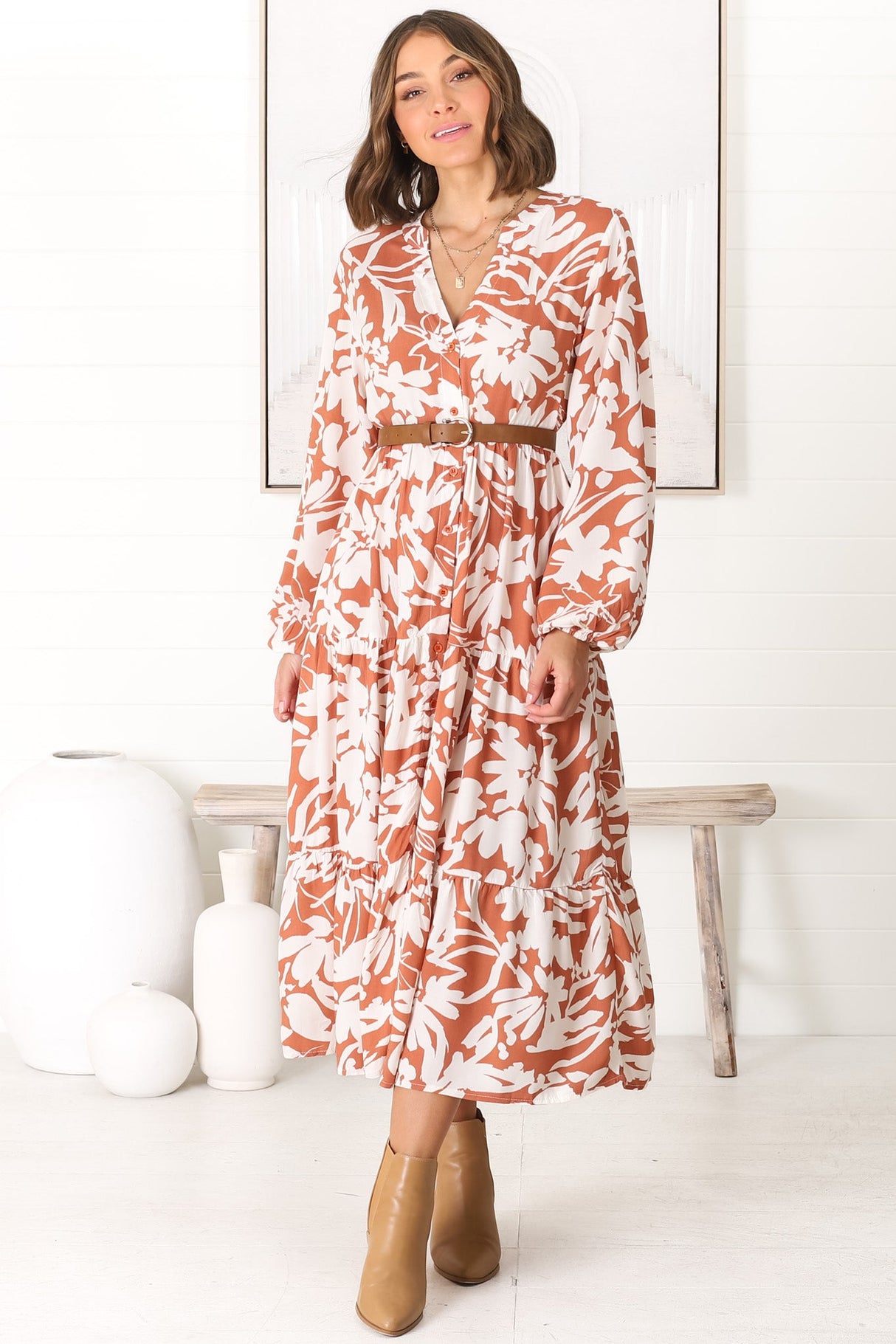 Avery Midi Dress - Relaxed Button Down Tiered Dress with Balloon Sleeves in Charis Rust