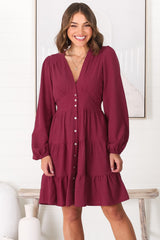 Soho Mini Dress - A Line Button Down Tiered Dress in Berry