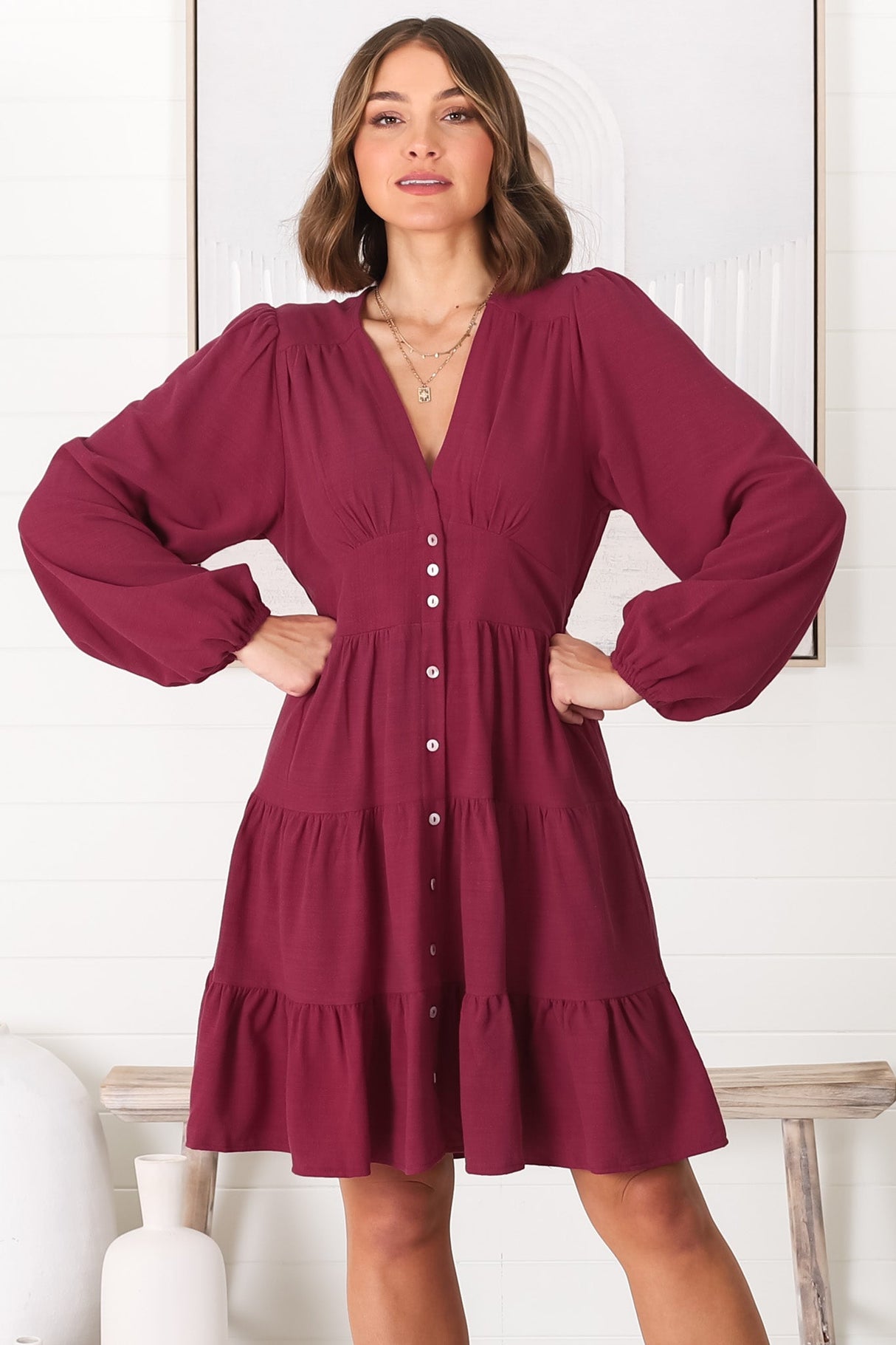 Soho Mini Dress - A Line Button Down Tiered Dress in Berry