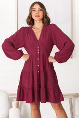 Soho Mini Dress - A Line Button Down Tiered Dress in Berry