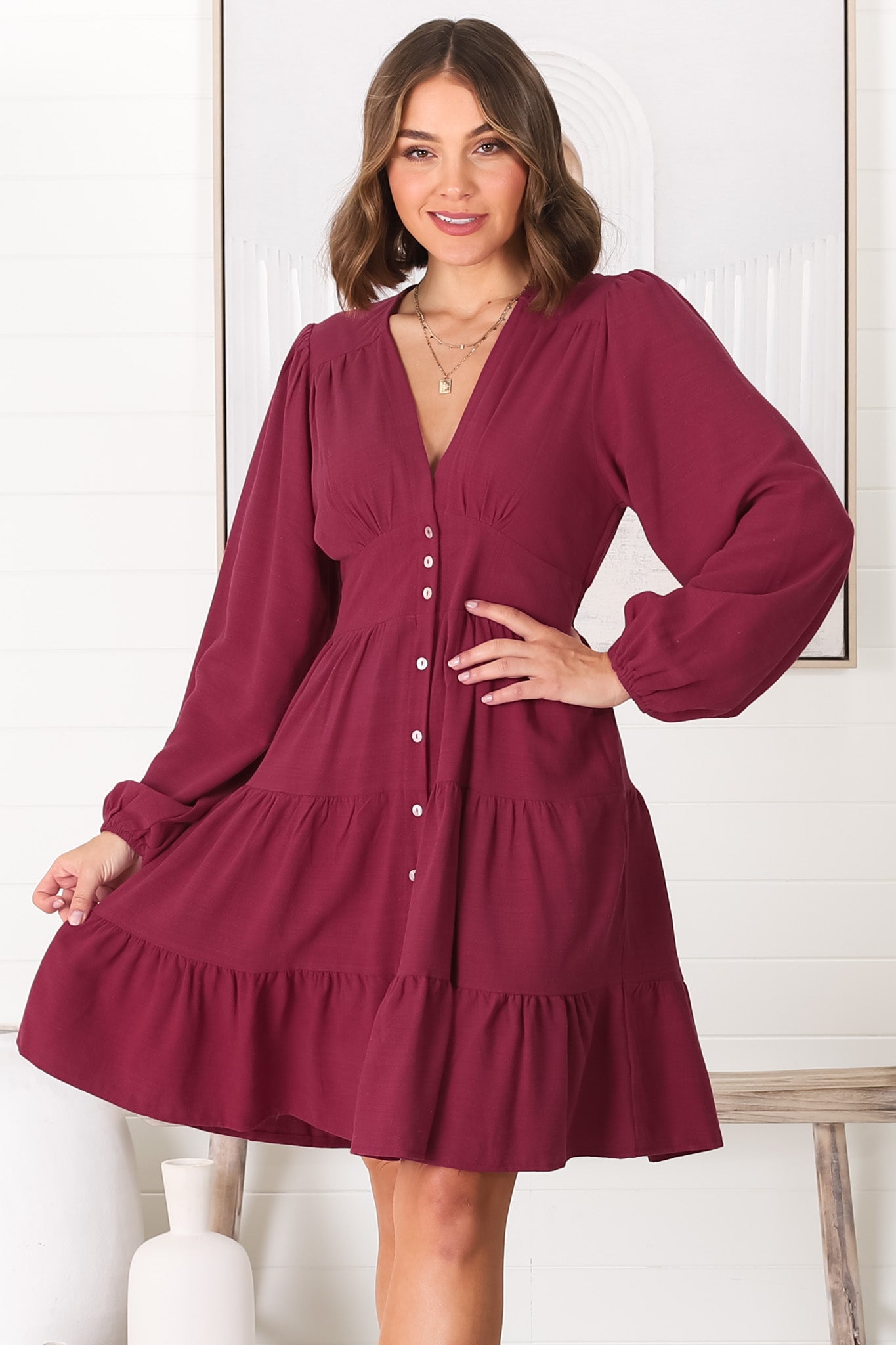 Soho Mini Dress - A Line Button Down Tiered Dress in Berry