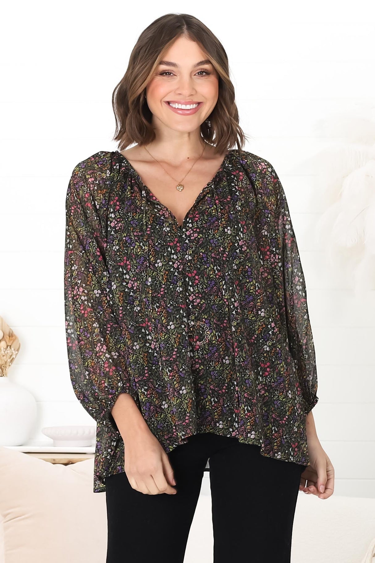 Marietta Top - Pull Over Plisse Blouse with Gold Tinsel Threading in Liz Print