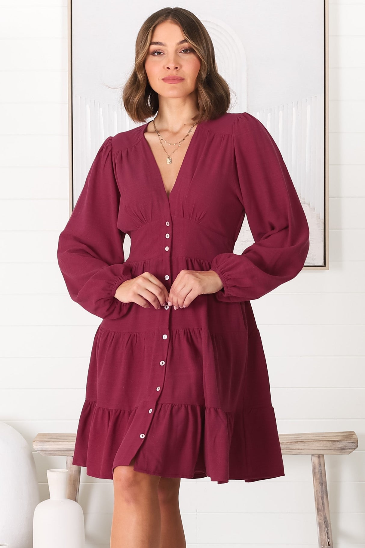 Soho Mini Dress - A Line Button Down Tiered Dress in Berry