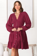 Soho Mini Dress - A Line Button Down Tiered Dress in Berry