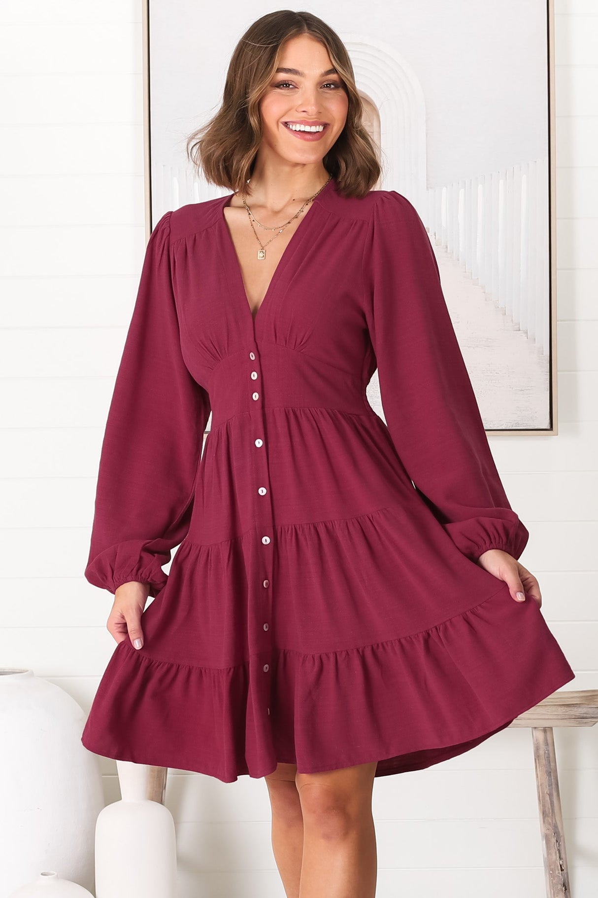 Soho Mini Dress - A Line Button Down Tiered Dress in Berry