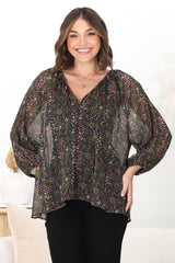 Marietta Top - Pull Over Plisse Blouse with Gold Tinsel Threading in Liz Print