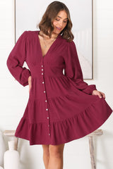 Soho Mini Dress - A Line Button Down Tiered Dress in Berry