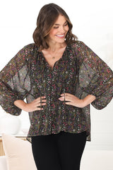 Marietta Top - Pull Over Plisse Blouse with Gold Tinsel Threading in Liz Print