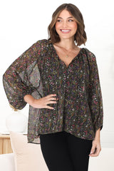 Marietta Top - Pull Over Plisse Blouse with Gold Tinsel Threading in Liz Print