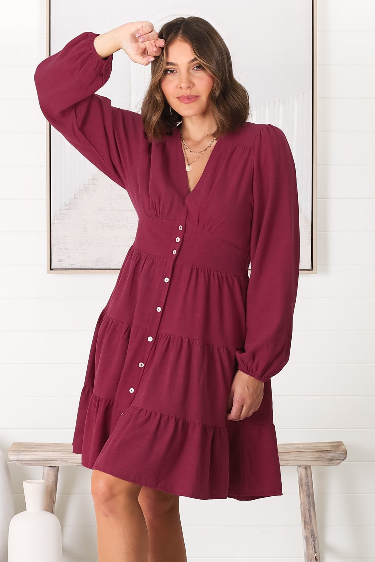 Soho Mini Dress - A Line Button Down Tiered Dress in Berry