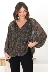 Marietta Top - Pull Over Plisse Blouse with Gold Tinsel Threading in Liz Print