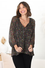 Marietta Top - Pull Over Plisse Blouse with Gold Tinsel Threading in Liz Print