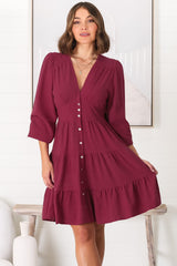 Soho Mini Dress - A Line Button Down Tiered Dress in Berry