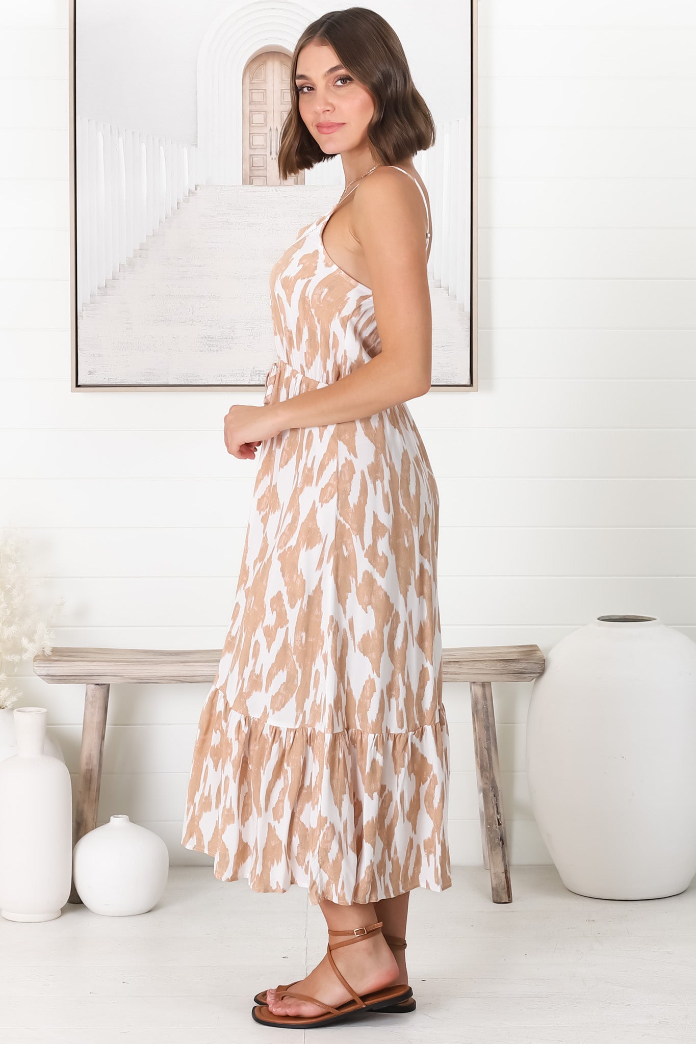 Ansel Midi Dress - Adjustable Strap Sun Dress in Lylly Print Beige