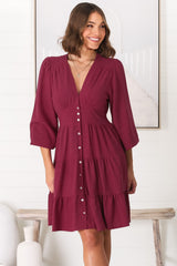 Soho Mini Dress - A Line Button Down Tiered Dress in Berry