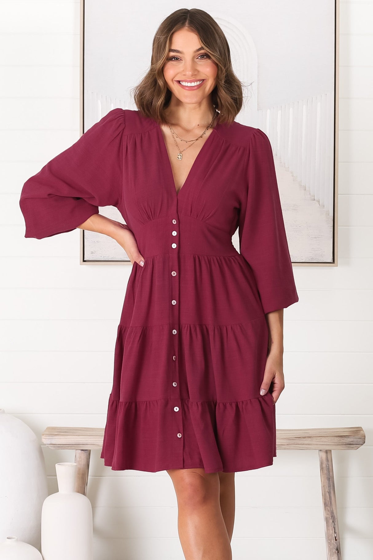 Soho Mini Dress - A Line Button Down Tiered Dress in Berry