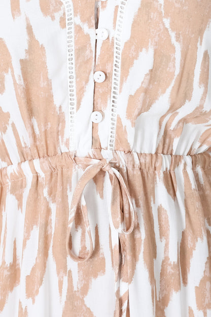 Ansel Midi Dress - Adjustable Strap Sun Dress in Lylly Print Beige