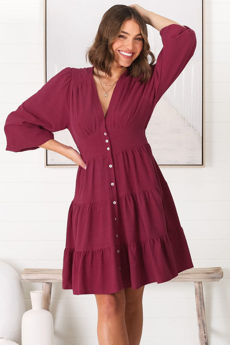 Soho Mini Dress - A Line Button Down Tiered Dress in Berry