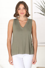 Sienna Tank Top - Soft V Neck Slight High-Low Top in Khaki