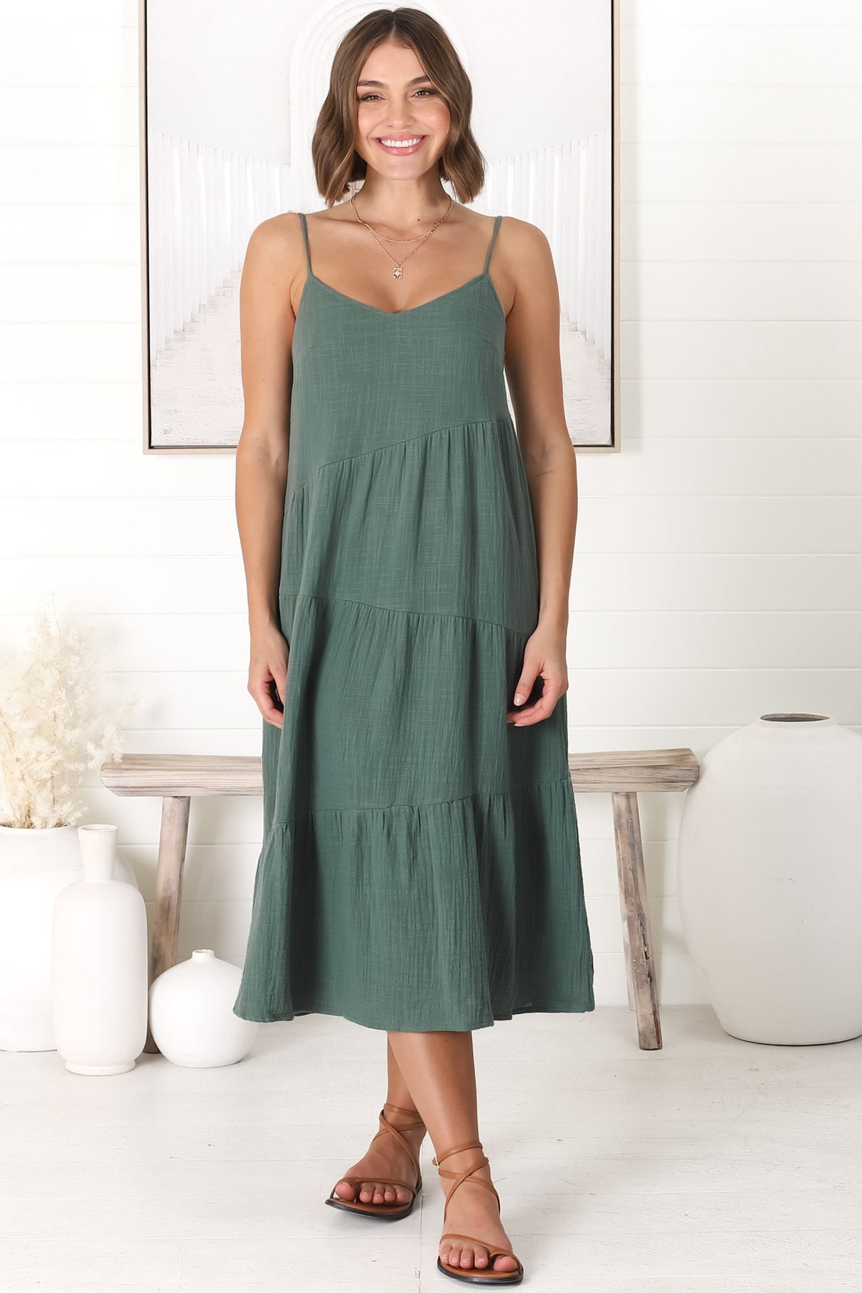 Rinley Midi Dress - Adjustable Strap Tiered Dress in Forest Green
