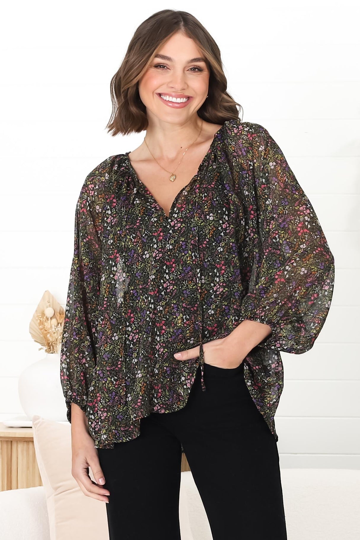 Marietta Top - Pull Over Plisse Blouse with Gold Tinsel Threading in Liz Print